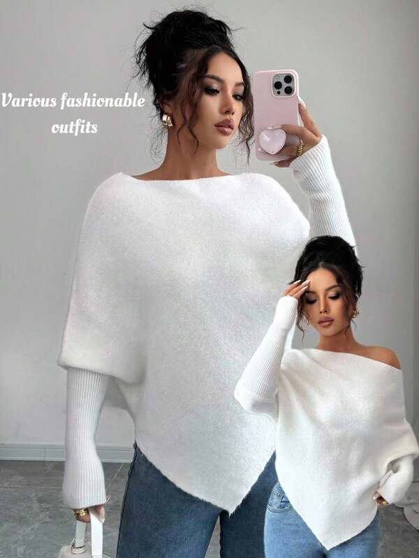 Elenzga Women's Asymmetrical Batwing Sleeve Crew Neck Casual Elegant Knit Sweater Top, Versatile For Vacation And Holidays, Spring/Autumn/Winter Fall Cloth For Women
