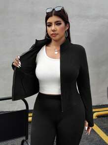 SHEIN EZwear 大尺碼女款秋季黑色羅紋針織開襟外套，2件式休閒套裝，拉鍊短版夾克，登山服，秋冬女裝2件套 - 黑色 - 查看 8