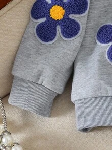 Genkimix Kids 女童幼儿花卉刺绣羊毛圆领卫衣上衣，秋冬 - 灰色 - 查看 6