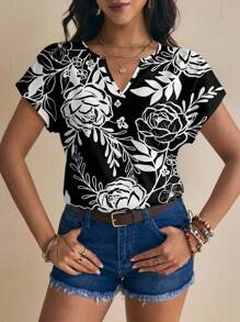 Glamance Leticiabaechtold Women's Vacation Casual Floral Print Notch Collar Blouse Suitable For Going Out - Black and White - View 8