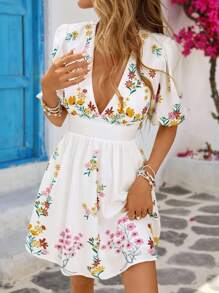 Vivid Eden Women's Summer Holiday Casual Floral Print V-Neck  Puff Sleeve  Short Dress,Summer Dresses For Women, Beach Outfits For Women,Vacation Outfits,Sun Dresses For Women, Boho Summer Dress Women, White Floral Dress Women, Women Vacation Dress, Summer Floral Dress - White - View 4