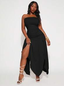 SHEIN SXY 大码女装春夏优雅新都市纯色褶皱腰不对称下摆高开衩抹胸连衣裙，适合日常穿着，波西米亚风 - 黑色 - 查看 7