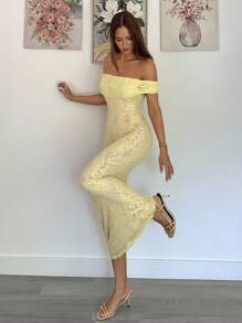 Siren Gaze 2025秋季女装新品！秋季必备单品 - 奶油黄碎花蕾丝露肩鱼尾下摆修身优雅连衣裙，生日、婚礼宾客、办公室工作、约会之夜、外出、早午餐、返校节和音乐会的完美之选，秋季女士服装之选 - 黃色 - 查看 4