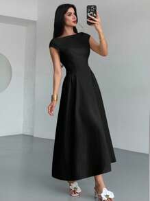 Firerie 女士优雅日常时尚新款度假喇叭腰 A 字中长连衣裙，黄色 - 黑色 - 查看 7