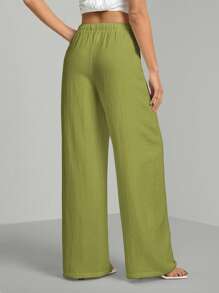 SHEIN Tall Loose Cotton Drawstring Waist Trousers In Textured Crinkle Fabric - Army Green - View 2
