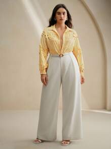 Anewsta Autumn/Winter Fashion Loose Embroidered Floral Plus Size Women Long Sleeve Shirt - Yellow - View 6