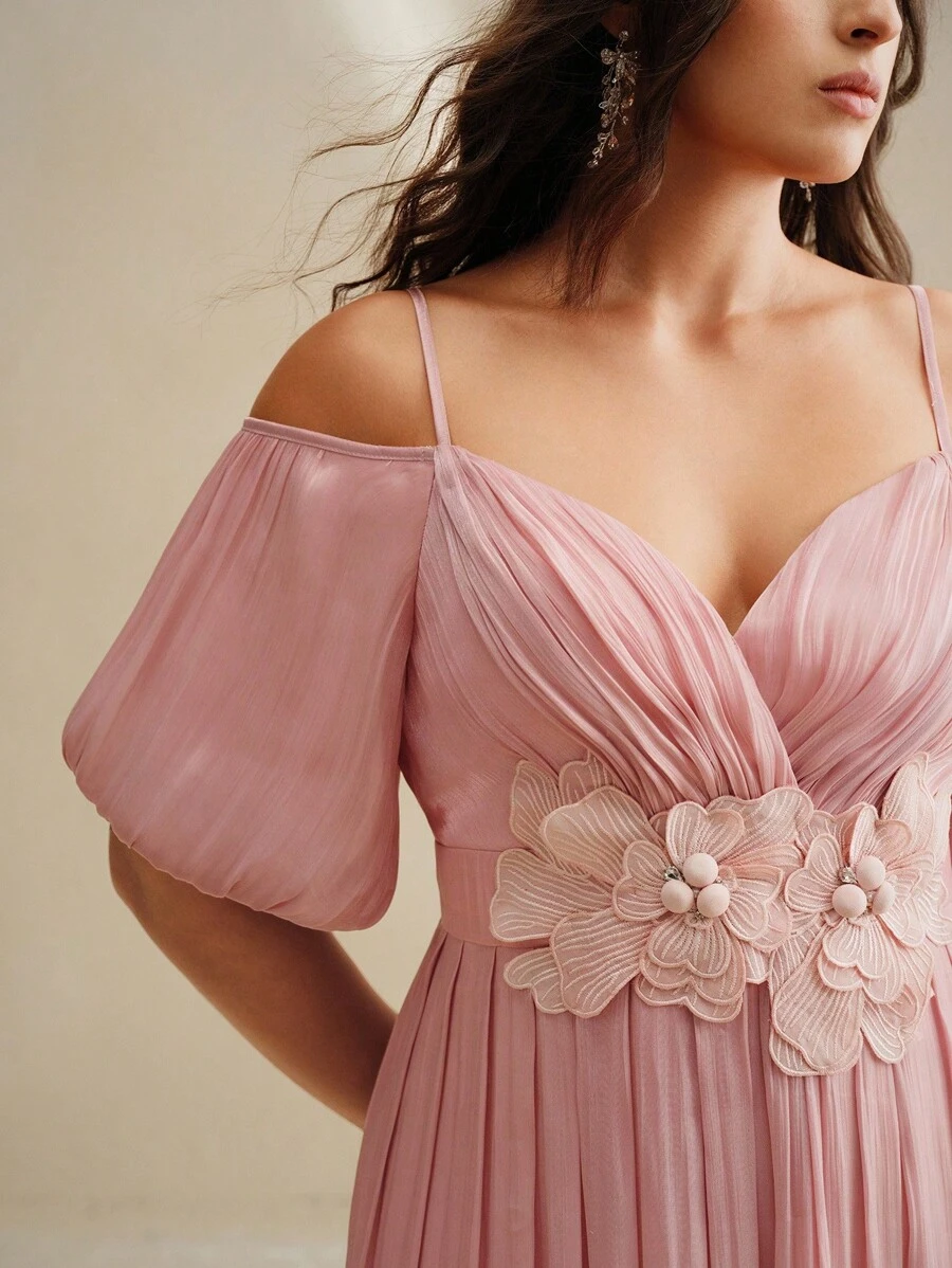 Anewsta Elegant Shoulder-Baring Rhinestone Accent Slim Fit Waistline Dress For Women - Pink - View 1