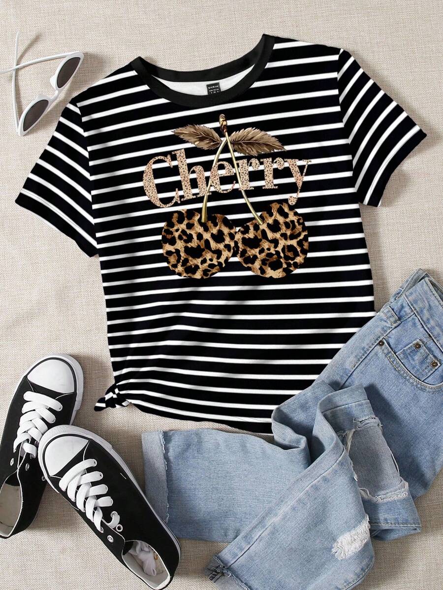 SHEIN EZwear 休闲简约豹纹樱桃印花黑白条纹圆领短袖宽松T恤女夏季 - 彩色 - 查看 1