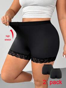 SHEIN EZwear 大码女式黑色功能性针织罗纹面料蕾丝边纯色休闲百搭高腰紧身骑行短裤紧身裤 - 黑色 - 查看 3