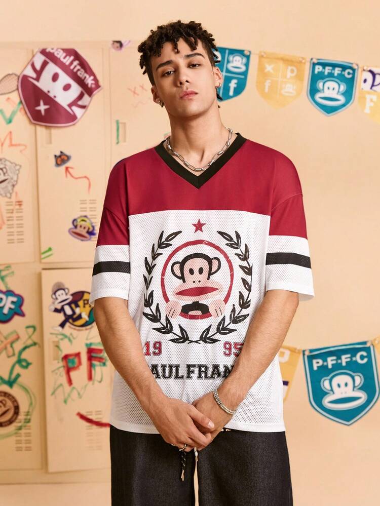 Paul Frank X SHEIN Áo thun nam tay ngắn họa tiết khỉ lưới chắp vá mùa hè - trắng - Xem 4
