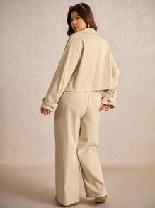 SHEIN Elaquor 2pcs Plus Size Casual Short Basic Windbreaker Jacket And Straight Leg Casual Pants Set - Apricot - View 2