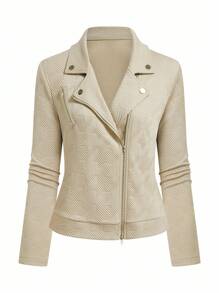 GlowEve 翻领纹理面料拉链休闲机车夹克 - 杏色 - 查看 4