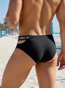 Manfinity Swimmode Men's Letter Print Hollow Out Triangle Swimming Trunks, For Vacation - Black - View 3