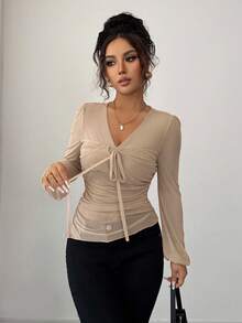 Elenzga Elegant Ruffle V-Neck Lantern Sleeve Women T-Shirt Fall Cloth For Women - Camel - View 5