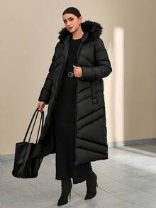 CLARA VERO Fashionable Elegant Solid Color Faux Fur Hooded Long Coat, Versatile For Winter Long Winter Coat Women Women's Winter Coats Everyday Going Out Black - Black - View 4