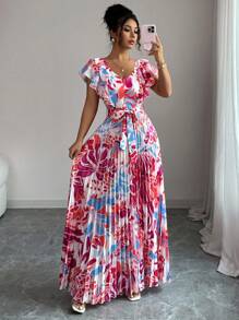 Elenzga 荷叶边袖 V 领度假 A 字腰褶皱优雅浪漫女式连衣裙 - 彩色 - 查看 1