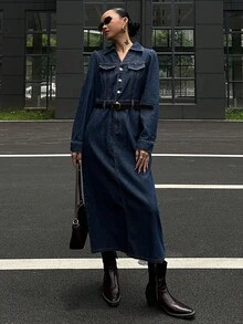 DAZY Women's Street Style Pocketed Long Sleeve Denim Dress - Blue - View 6