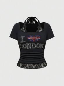 ROMWE Avant 女式复古 Y2K 美国国旗水钻蕾丝边修身基本款 T 恤 - 黑色 - 查看 1