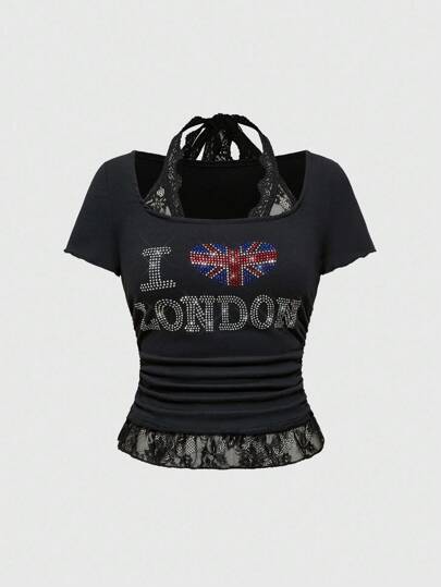 ROMWE Avant T-shirt basique ajusté avec dentelle ornée de strass au motif du drapeau américain, style vintage Y2K pour femmes