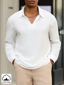 Manfinity Homme Men's V-Neck Long Sleeve Square Sword Collar Loose Fit Shirt Men Cotton Shirt White V Neck Top Men Men White Long Sleeve Shirt