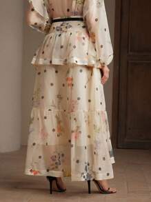 Anewsta 女士波尔卡圆点和花卉印花层叠荷叶边下摆长裙，优雅适合春夏度假 - 杏色 - 查看 2