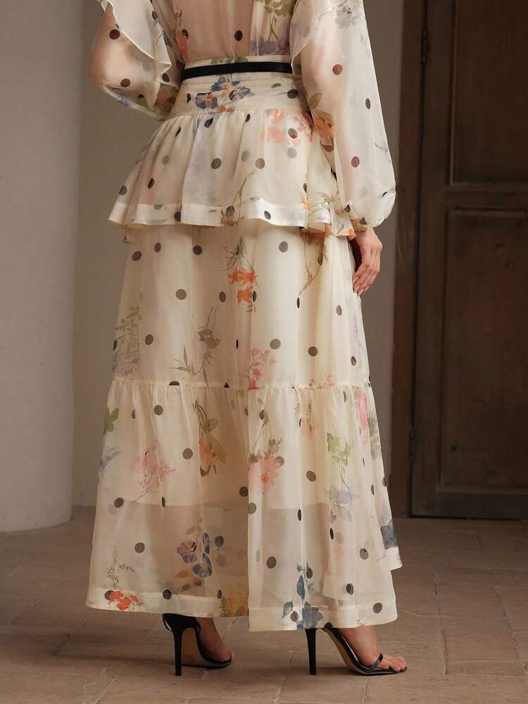 Women's Polka Dot & Floral Print Layered Ruffle Hem Maxi Skirt, Elegant For Spring/Summer Resort