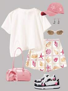 Bộ đồ thể thao nữ tuổi teen phong cách Y2K với họa tiết vỏ sò và sao biển đầy màu sắc, áo thun ngắn tay cổ tròn dáng rộng thoải mái và tối giản, thích hợp cho mặc hàng ngày vào mùa xuân/hè, phong cách đường phố, đi chơi, ở nhà, kỳ nghỉ. - Nhiều màu - Xem 2