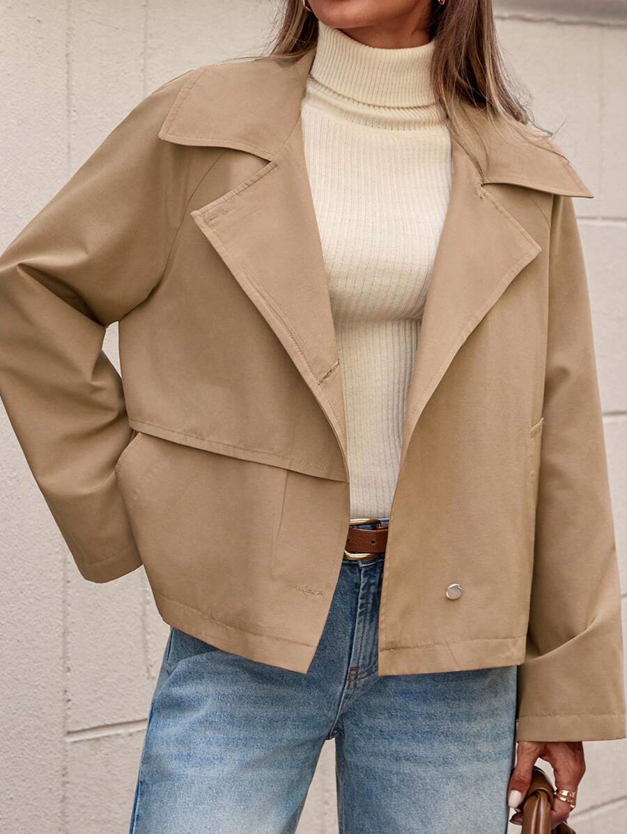 EURMUSE Women's Solid Button Front Casual Short Winter Coat - Beige - View 1