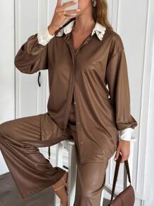EURMUSE 2pcs/Set Women Rhinestone Collar Detailed Elegant Loose Long Sleeve Shirt And Wide Leg Pants Brown Elegant Suit - Brown - View 1