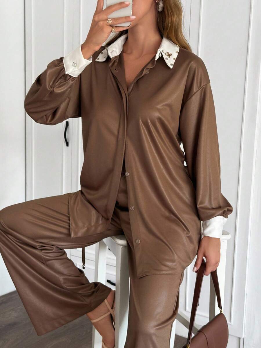 EURMUSE 2pcs/Set Women Rhinestone Collar Detailed Elegant Loose Long Sleeve Shirt And Wide Leg Pants Brown Elegant Suit - Brown - View 1