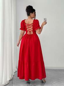 SHEIN Elenzya 优雅大码女式夏装，日常和度假装，露背系带，超大下摆收腰，迷人的 A 字形轮廓，方领 - 紅色 - 查看 2