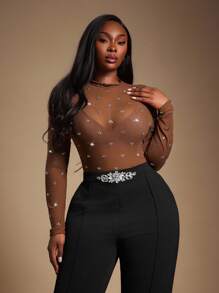 Radiana 女士立领插肩袖修身水钻网纱透视衬衫 - 棕色 - 查看 10