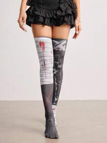 ROMWE Grunge Punk 1 Cặp tất cao đến đầu gối in họa tiết chữ thập và xích phong cách Punk, tất cosplay Anime dành cho nữ - Đen và trắng - Xem 5