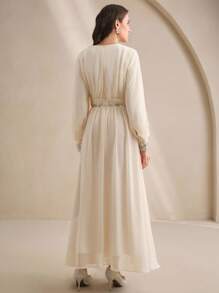 Anewsta 女士时尚新款性感镂空修身长袖水钻亮片优雅派对连衣裙 - 杏色 - 查看 2