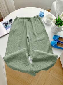 Comfortcana Women's Solid Color Knotted Casual Wide Leg Pants 100% Cotton Pants,Fall - Mint Green - View 2