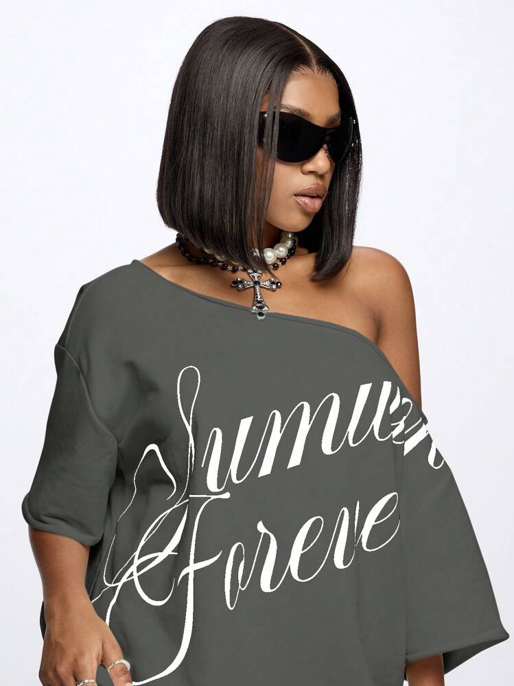 SUMWON WOMEN Off Shoulder Summer Festival Mini Dress With Print Statement Oversized Design Wide Sleeves For Casual Party Clubwear Streetwear - Dark Grey - View 3