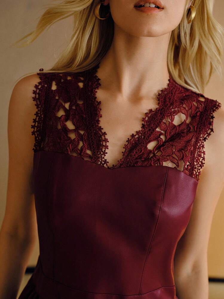 PU LEATHER CONTRAST LACE DRESS