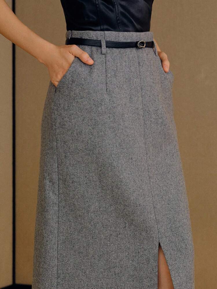WOMEN'S GREY WOOL BLEND SKIRT, WINTER