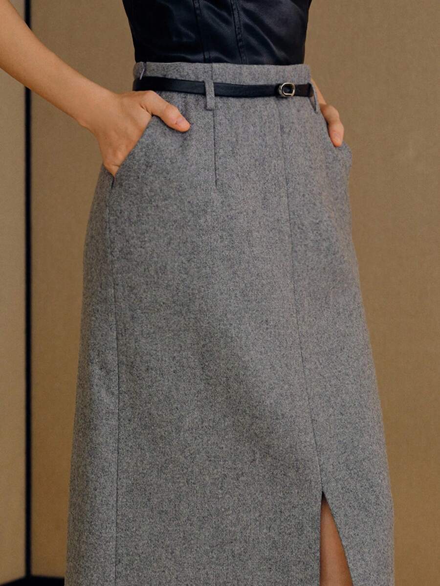 MOTF PREMIUM 女士灰色羊毛混纺短裙，冬季 - 灰色 - 查看 2