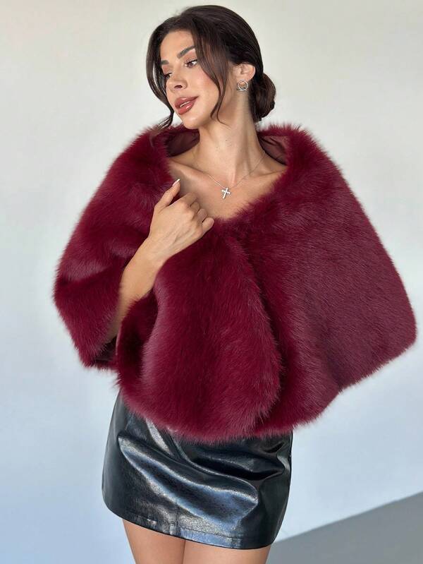 Firerie Women's Elegant Burgundy Fashionable Elegant Solid Color Faux Fur Shawl Cardigan In Fall Winter, Burgundy Fur Cape, Women's Winter Coat, Annual Party, Women's Birthday Fur For Winter, Elegant, Commute, Date, Party, Wedding Season, Graduation, Prom, Performance, Concert, Work , Thanksgiving For Women, Back To School, Going Out Tops Women, Solid Color, Suitable For Dinner, Old Money, Bohemian, For Autumn, Halloween, Christmas, Holiday, Valentine's Day, New Year , Wedding Season For Women, Fall For Women, New Year Women's , Christmas Women's , Long Sleeve Going Out Top, Chic Women's Coat, Ankara Red Coat, Old Money Style, Casual And Business Commuting, Winter For Women, Wine Red Coat, Old Money Style, Simple Solid Color Coat