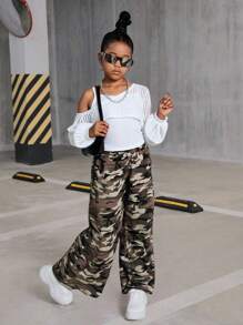 2pcs Girls Casual Tween Set, Black & Beige, Hollow Knit Short Sleeve Top, Camisole, Camouflage Cargo Pants, Streetwear Style, Matching Parent-Child, Back To School, Autumn/Winter - Multicolor - View 2