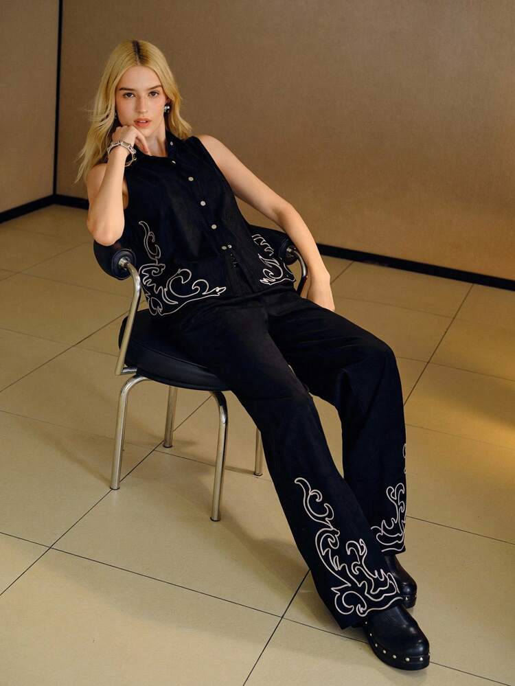 SUEDETTE EMBROIDERY DETAIL BUTTON UP VEST TOP