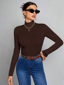 SHEIN Tall 簡單純色修身高領棕色上衣，適合秋冬，高個女性穿著 - 棕色 - 查看 6