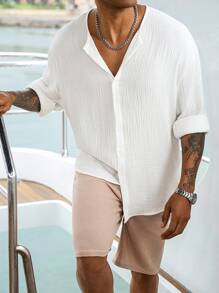 Manfinity Homme Camisa de manga larga básica de algodón holgada y pantalones cortos de color contrastante para hombres, conjunto de ropa de resort, crucero y vacaciones para hombres - Multicolor - Ver 3