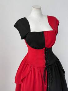 Flirla Váy xếp ly buộc dây màu đen và đỏ cỡ lớn dành cho nữ - Nhiều màu - Xem 3