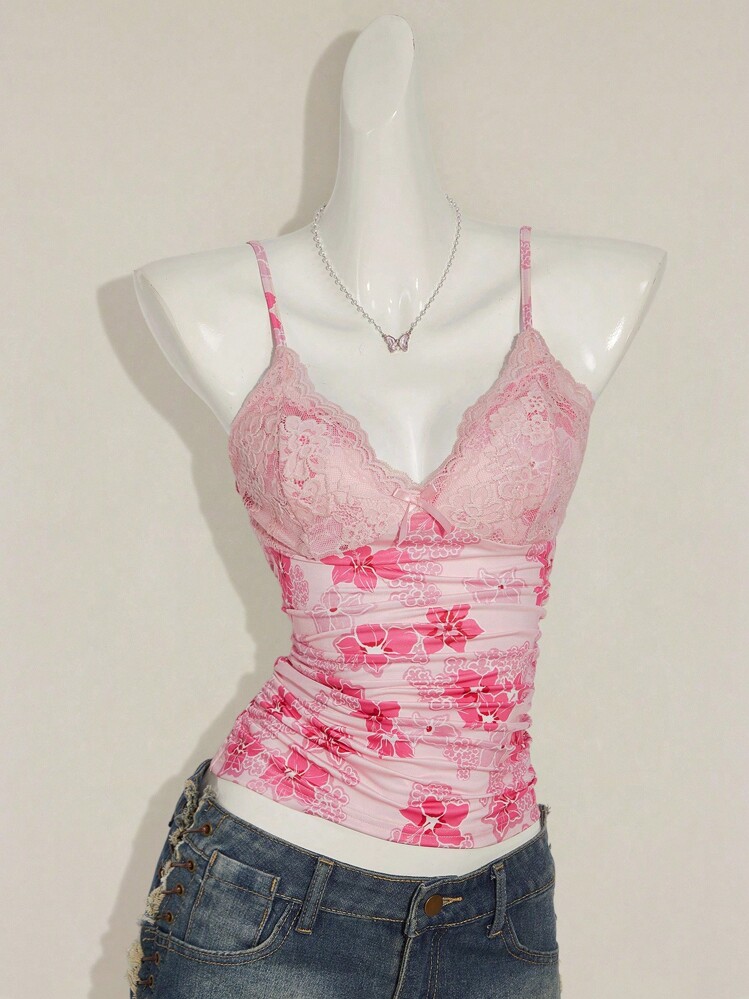 Sweetina Women's Y2K Summer Women Going Out Elegant Floral Print Contrast Easter Top, Everyday Wear Lace Camisole - Pink - View 4
