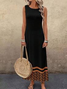 EMERY ROSE Casual Textured Round Neck Long Dress For Women, Suitable For Summer Black Summer Dress Chic Dress - Black - View 1