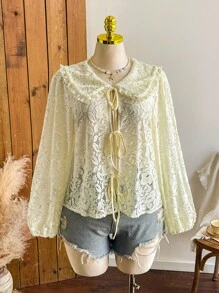 Comfortcana Áo cánh tay dài cổ ren mỏng cỡ lớn, màu vàng nhạt, nhẹ nhàng cho mùa thu - Màu vàng - Xem 6