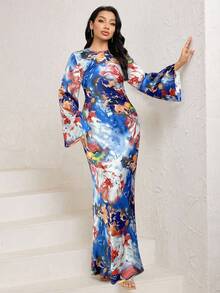 Veilorie 女士优雅扎染绿色印花喇叭袖连衣裙，系腰带和美人鱼下摆，长款缎面连衣裙 - 藍色 - 查看 3