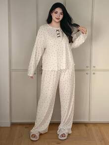 Dazy Plus 大码女式蝴蝶结装饰撞色蕾丝波点宽松睡衣套装，上衣和裤子，舒适套装，秋冬服装 - 白色 - 查看 4